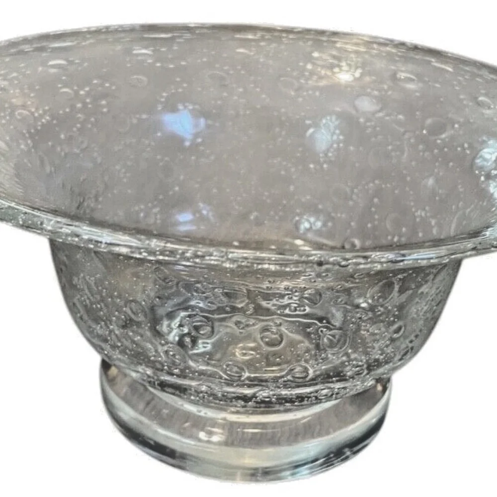 Vintage Hand Blown Footed Clear Art Glass Bowl Dish With Large Air‎ Bubbles